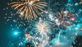 Firework over the blue sky at night, white, and green Royalty Free Stock Photo