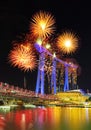 Firework over the Helix Bridge, urban landscape of Singapore