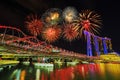 Firework over the Helix Bridge, urban landscape of Singapore