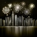 Firework over night city with reflection in river. Vector town w Royalty Free Stock Photo