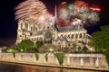 Firework over Notre Dame cathedral in Paris, France