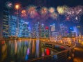 Firework over Singapore Skyline and view of skyscrapers on Marin Royalty Free Stock Photo