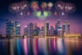 Firework over Singapore Skyline and view of skyscrapers on Marin Royalty Free Stock Photo