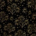 Firework seamless vector pattern. Gold foil isolated. Metallic shiny fireworks on black background. Bright decoration Christmas