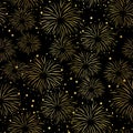 Firework seamless vector pattern. Gold foil isolated. Metallic shiny fireworks on black background
