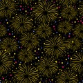 Firework seamless vector pattern isolated. Colorful fireworks on black night sky background. Bright decoration Christmas card,