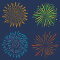 Firework set. Collection of festive bursting, celebration explosion, anniversary salute isolated on dark background. Vector. Royalty Free Stock Photo