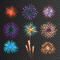 Firework set, fire cracker, sky festive firecracker. Night light effect bright colors, abstract carnival shape, holiday