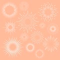 Firework set. White line circles decorative radial frames for posters banners and cards decor, isolated starburst