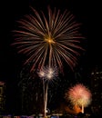 Firework show along Chao Praya River on the side of the Asiatique landmark plaza in Bangkok