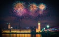 Firework show over Big Ben at night, London