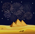 Firework show over Egyptian pyramids in the desert with star night sky