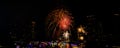 Firework show along Chao Praya River on the side of the Asiatique landmark plaza in Bangkok