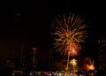 Firework show along Chao Praya River on the side of the Asiatique landmark plaza in Bangkok