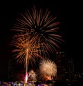 Firework show along Chao Praya River on the side of the Asiatique landmark plaza in Bangkok