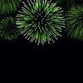 Firework sparkle background card. Beautiful bright fireworks isolated on black background. Light green decoration