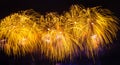 Firework streaks yellow colors in night sky panoramic wide view, celebration background Royalty Free Stock Photo