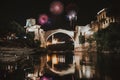 Fireworks above the old bridge in Mostar Royalty Free Stock Photo
