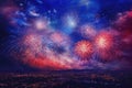 Fireworks above US town. Happy 4th of July. Summer celebration. Generative AI Royalty Free Stock Photo
