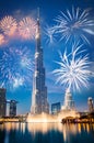 fireworks around Burj Khalifa - exotic New Year destination, Dubai, UAE Royalty Free Stock Photo