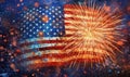 Fireworks on background American flag. Celebration USA independence day 4th of July. For sublimation, t shirt, mug, pillow, Royalty Free Stock Photo