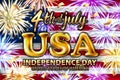 Inscription Happy independence day on usa flag. gold balloon vector firework Royalty Free Stock Photo