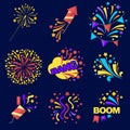 Fireworks Bangs Collection on Dark Blue Background Royalty Free Stock Photo