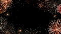 fireworks on black background, frame or border from golden sparks and firecrackers Royalty Free Stock Photo