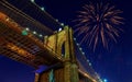 Fireworks bursting from the Brooklyn bridge at dusk