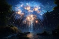 Fireworks bursting in a cascading waterfall