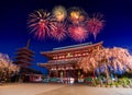 Fireworks over Asakusa temple at night in Tokyo, Japan Royalty Free Stock Photo