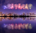 Fireworks celebrating over Tokyo cityscape at nigh Royalty Free Stock Photo