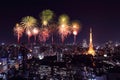 Fireworks celebrating over Tokyo cityscape at night Royalty Free Stock Photo