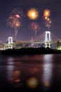 Fireworks celebrating over Tokyo Rainbow Bridge at Night, Japan Royalty Free Stock Photo