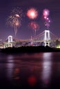 Fireworks celebrating over Tokyo Rainbow Bridge at Night, Japan Royalty Free Stock Photo