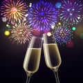 Fireworks and champagne glasses. Congratulatory toast christmas and cheers happy new year celebration. Sparkling wine