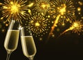 Fireworks and champagne glasses. Sparkling wine and new year golden firework with bokeh effect, congratulatory toast Royalty Free Stock Photo