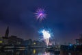 Fireworks in the city of Ghent on New Year`s Eve Royalty Free Stock Photo