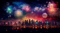 Fireworks city panoramic background with colorful reflections in water Royalty Free Stock Photo