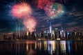 Fireworks city panoramic background with colorful reflections in water Royalty Free Stock Photo