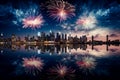 Fireworks city panoramic background with colorful reflections in water Royalty Free Stock Photo