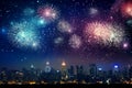 Fireworks city panoramic background with colorful reflections in water Royalty Free Stock Photo