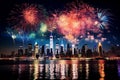 Fireworks city panoramic background with colorful reflections in water Royalty Free Stock Photo