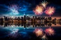 Fireworks city panoramic background with colorful reflections in water Royalty Free Stock Photo