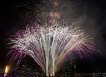 Fireworks in the city with skyscrapers in the background