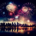 Fireworks city square background with colorful reflections in water Royalty Free Stock Photo