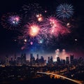 Fireworks city square background with colorful reflections in water Royalty Free Stock Photo