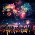 Fireworks city square background with colorful reflections in water Royalty Free Stock Photo