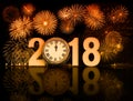 2018 fireworks with clock exactly at midnight 3d illustration Royalty Free Stock Photo