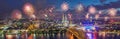 Fireworks at Cologne Skyline with Cathedral and Hohenzollern Bridge, Cologne, Germany